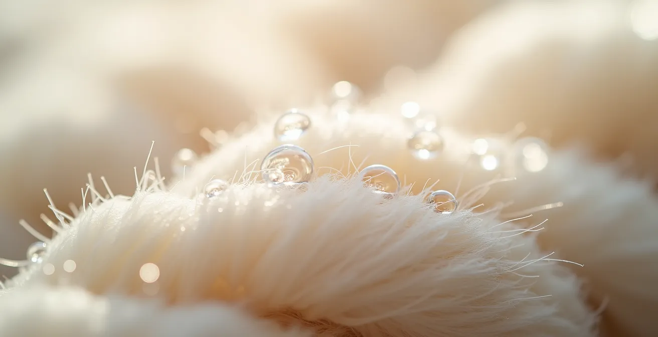 Makroaufnahme von hellen Wollfasern, auf denen Wassertropfen perfekt abperlen und die Textur des Gewebes betonen.
